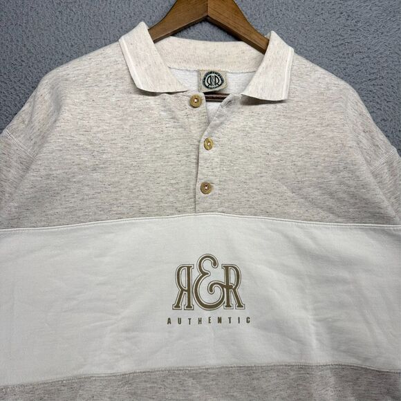 Vintage Colorblock Sweatshirt Mens Large Beige Tan Colorblock Collared Rugby 90s - Picture 2 of 11